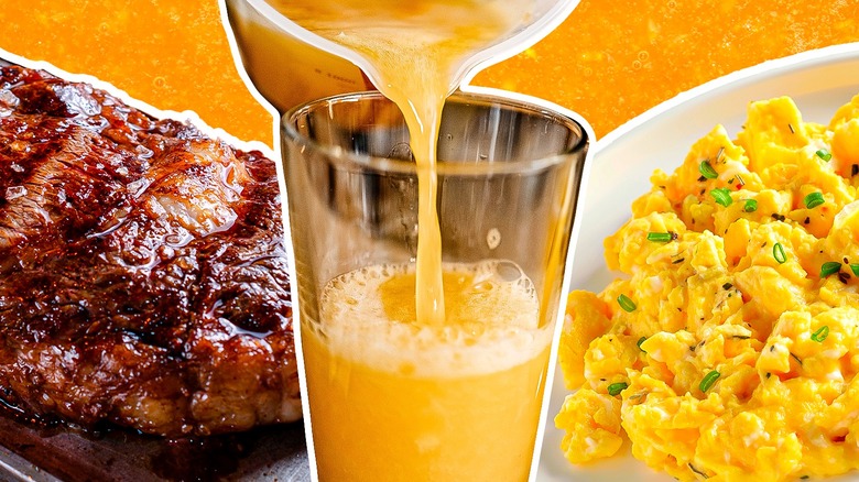 ribs, orange juice, scrambled eggs