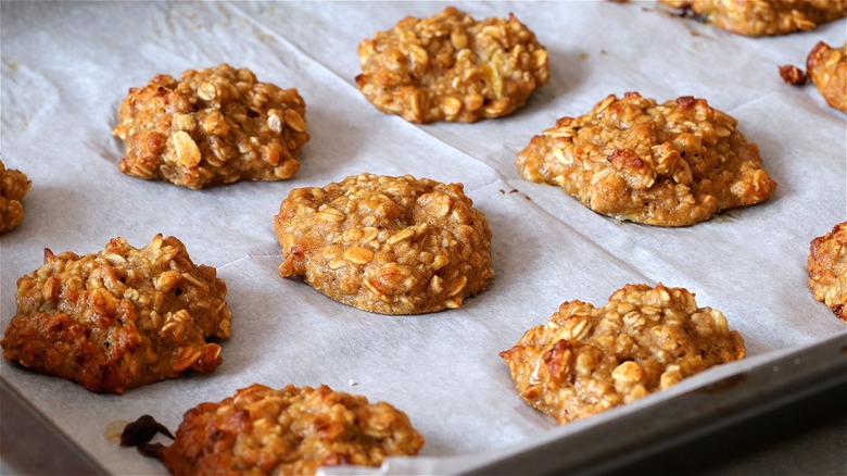 Banana oatmeal cookies on sheet pan 