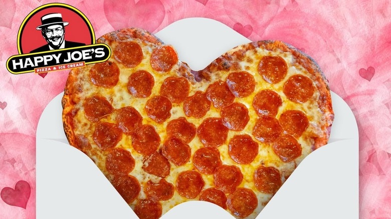 Promo photo of a Happy Joe's heart-shaped pepperoni pizza.