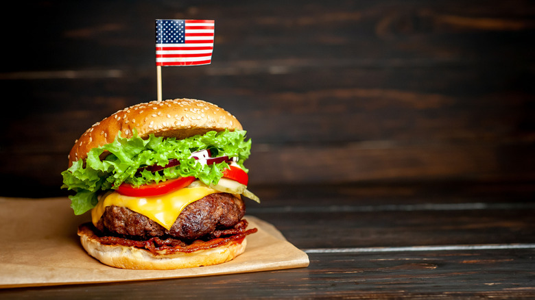 Burger with an American flag on a cocktail stick