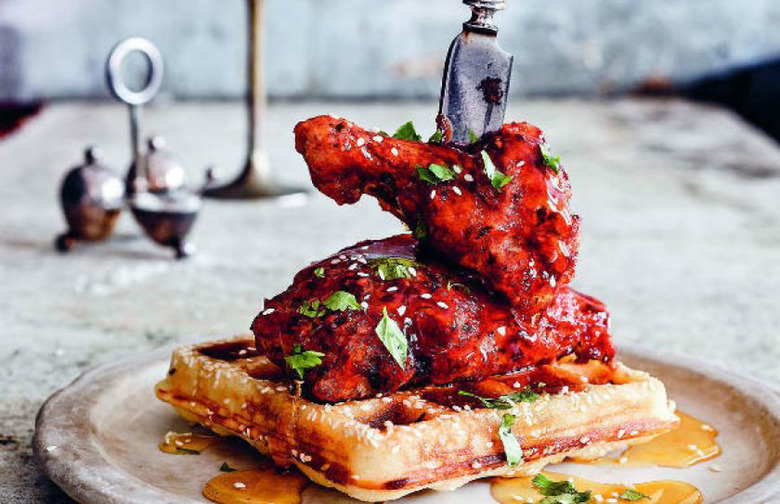 Paper-Skin Chicken and Rice-Flour Waffles With Asian-Cajun Red Pepper Syrup Recipe