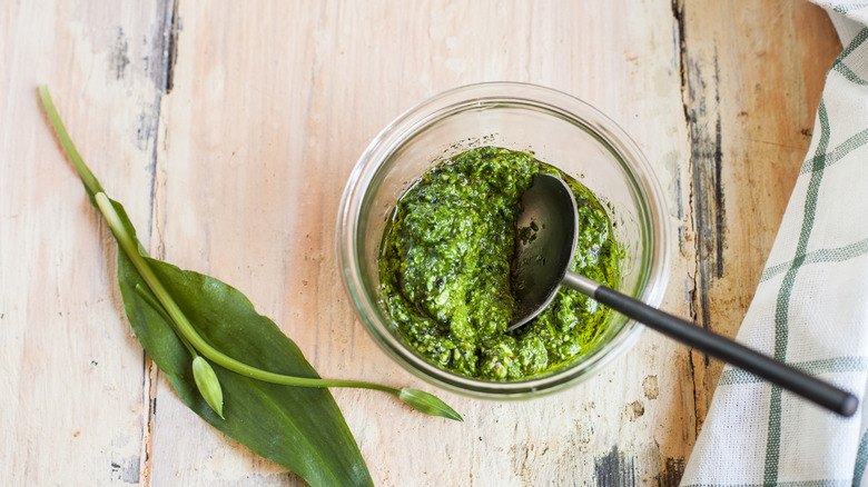 Glass bowl of homemade pesto