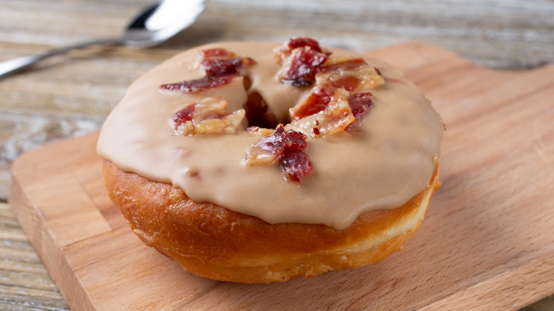 Maple glazed donut topped with bacon