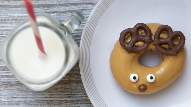 Reindeer donut with chocolate pretzels