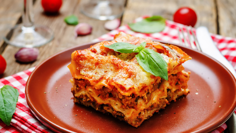Slice of lasagna on plate