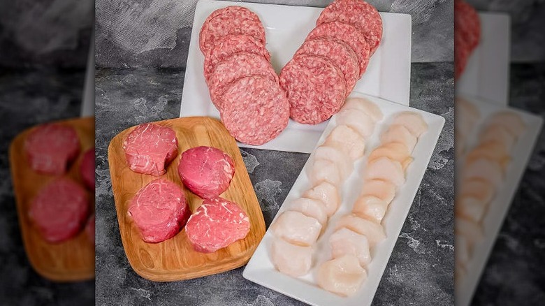 filet mignon, scallops, and burgers