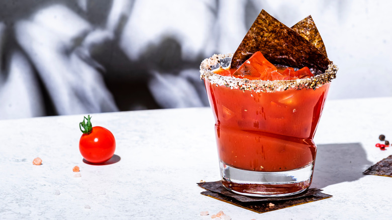 Bloody Mary in glass garnished with spices