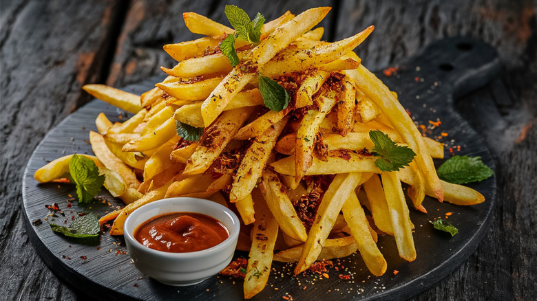 Black plate of seasoned french fries with ketchup