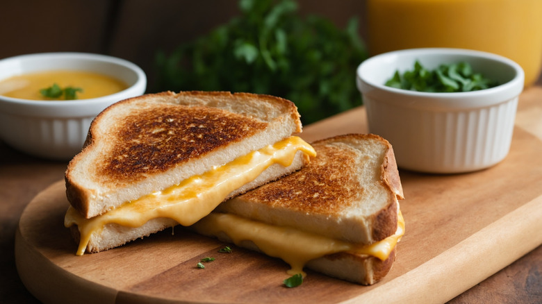 Classic grilled cheese sandwich on wooden cutting board