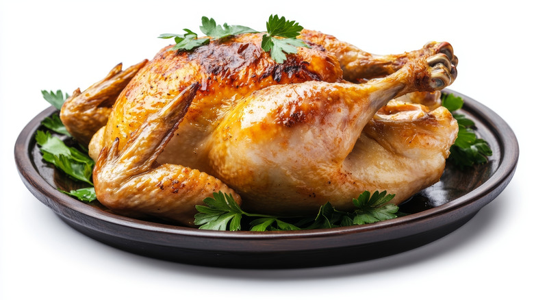 Roasted chicken on a black plate garnished with parsley leaves