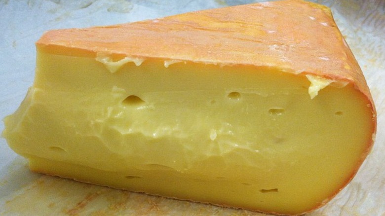 Wedge of ameribella cheese, cut to show its slightly creamy interior