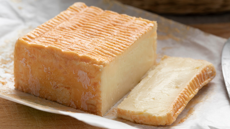 A sliced square of Limburger cheese on some paper