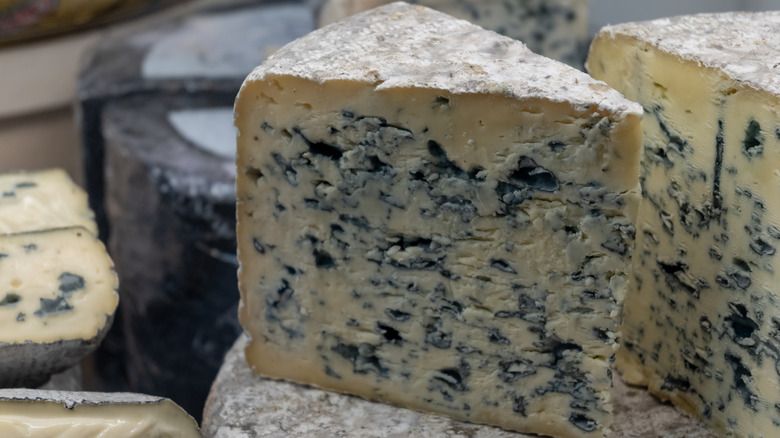 A tall wedge of roquefort cheese showing its blue color