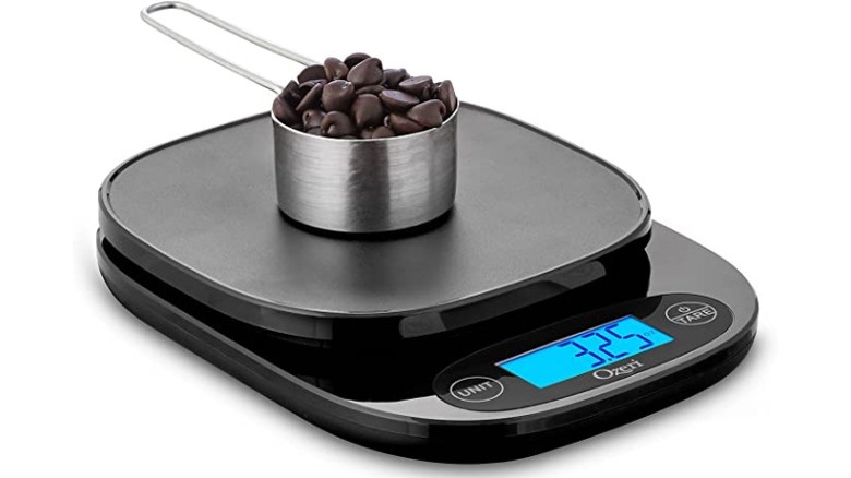 Kitchen scale weighing chocolate chips