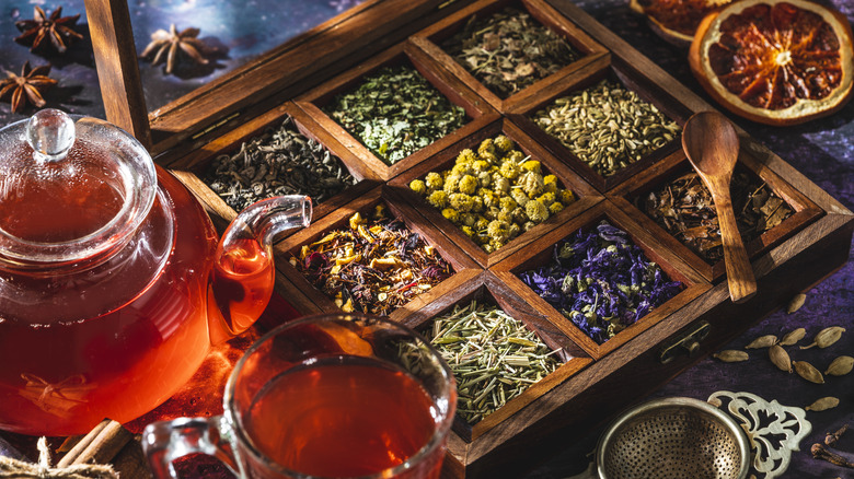 Box of tea leaves and herbs