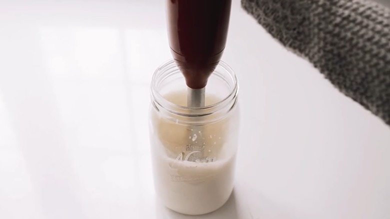 Frothing milk in a wide-mouth quart jar with an immersion blender