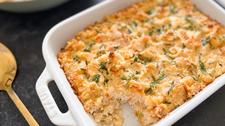 crab casserole in white dish