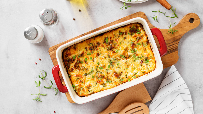 Breakfast casserole on cutting board