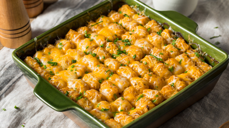 Tater tot hotdish on table