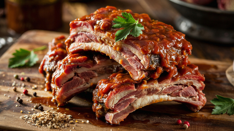 Close up of Kansas City Barbecue ribs topped with sauce on wooden cutting board
