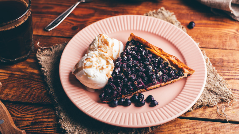 Slice of Juneberry pie with two scoops of vanilla ice cream on a pink plate