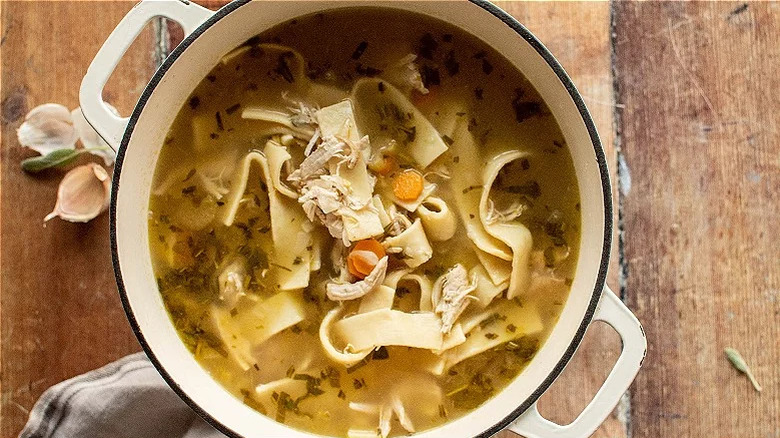 Pot of chicken noodle soup