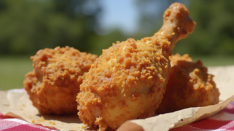 A fried chicken drumstick resting on two other pieces of fried chicken