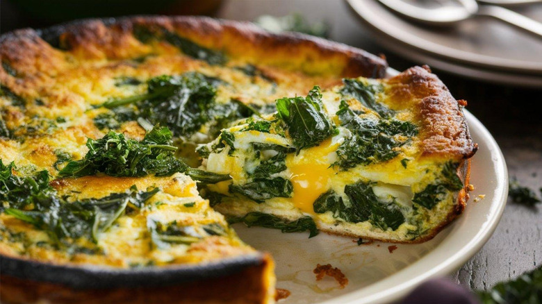 A kale frittata with one slice partially removed