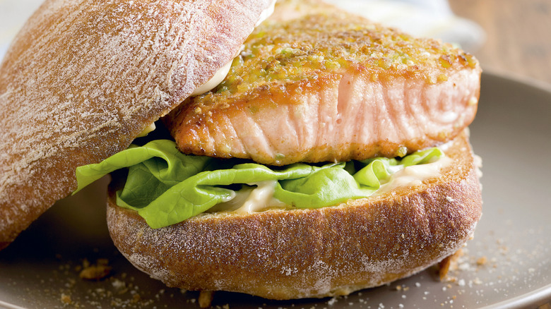 Crispy seared salmon burger.