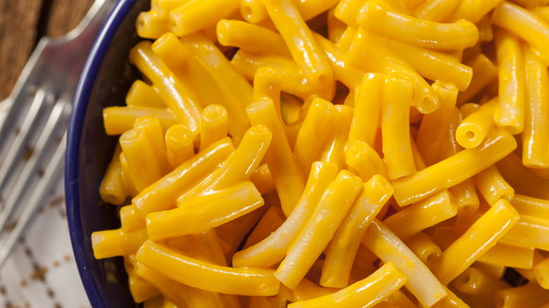 bowl of macaroni and cheese with fork