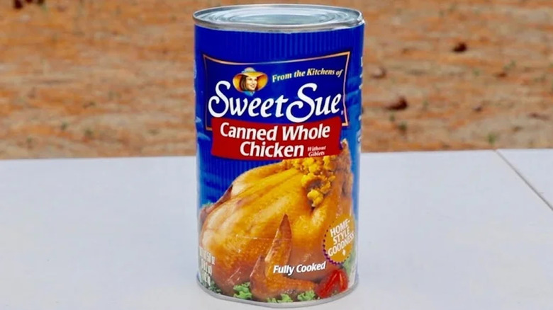 Sweet Sue Canned Whole Chicken on white tabletop