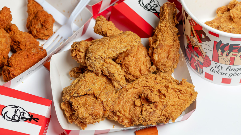 Variety of KFC chicken dishes on a table