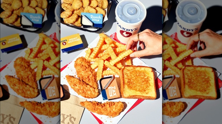 Zaxbys' chicken fingers, crinkle fries, and Texas toast with Zax sauce