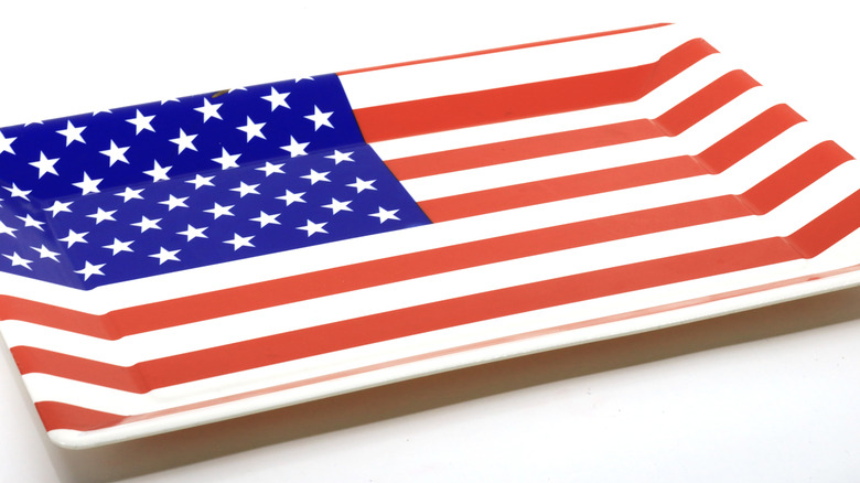 Rectangular American flag serving platter on white background