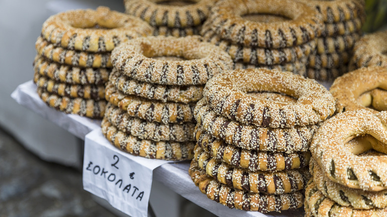 Simit rings with sesame seeds at a stall.
