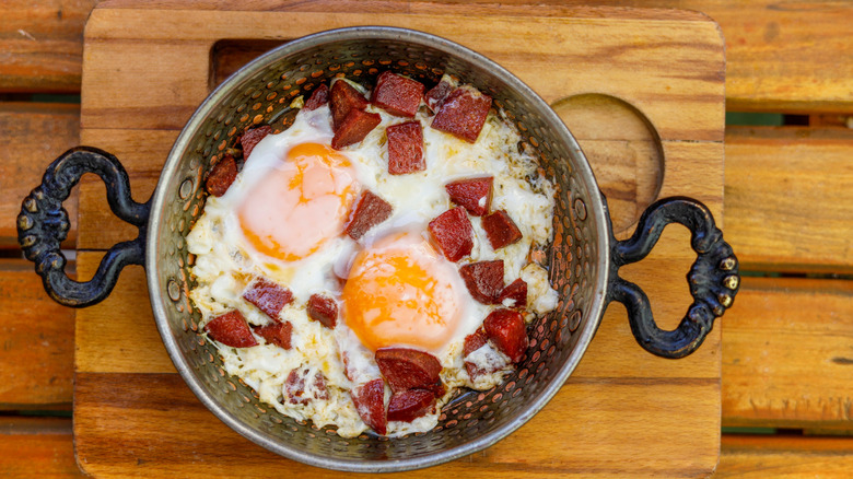 Sucuklu yumurta made with eggs and sausages.