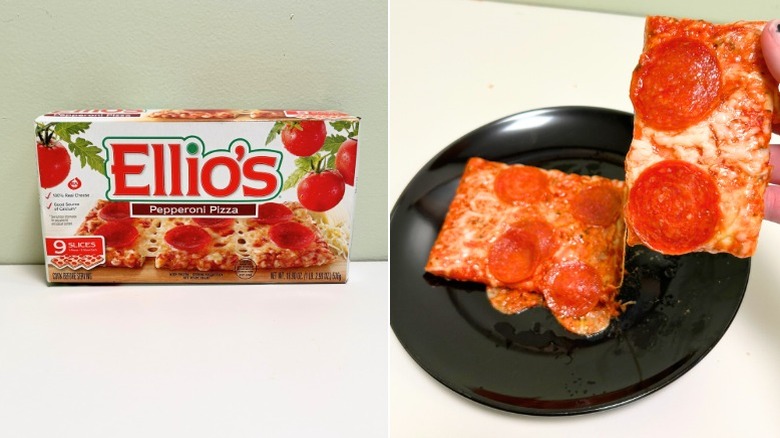 A box of Ellio's Pepperoni Pizza next to a black plate with pepperoni pizza