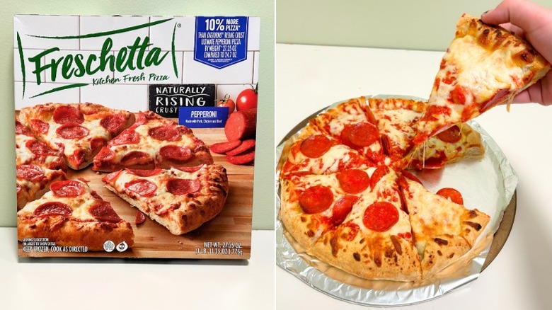 A box of Freschetta Pepperoni Pizza next to a pepperoni pizza