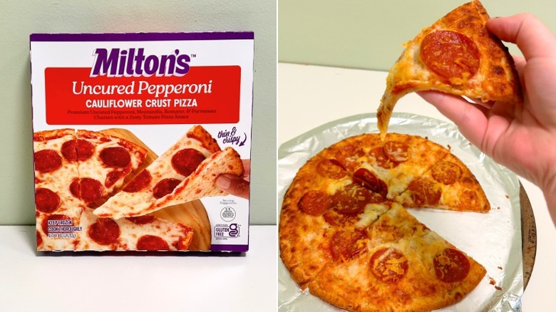 A box of Milton's Gluten Free Pepperoni Pizza next to a pepperoni pizza