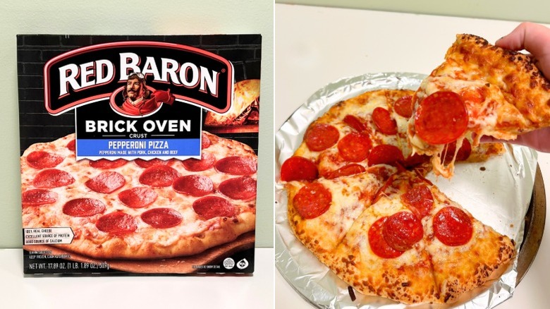 A box of Red Baron Brick Oven Pepperoni Pizza next to a pepperoni pizza