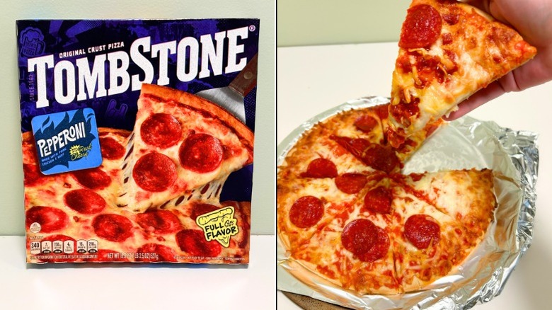A box of Tombstone Pepperoni Pizza next to a pepperoni pizza