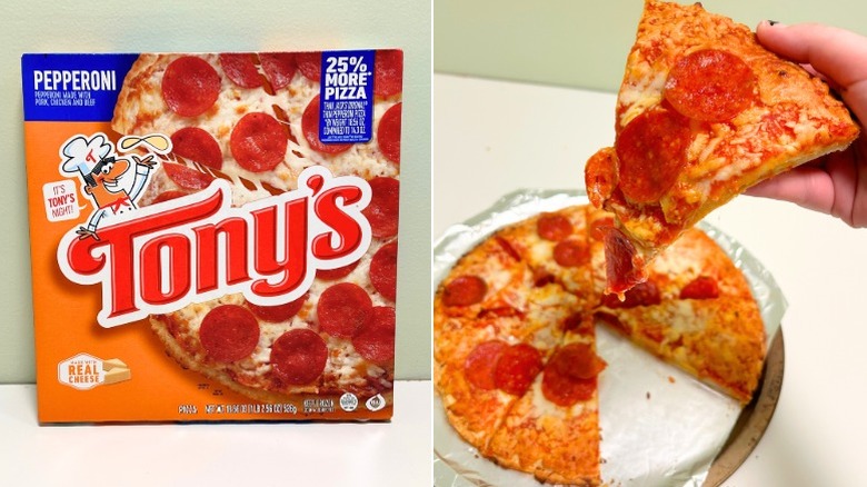 A box of Tony's Pepperoni Pizza next to pepperoni pizza
