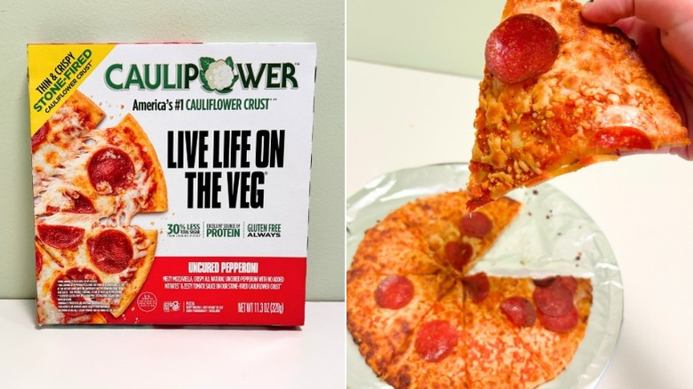 A box of Caulipower Gluten Free Pepperoni Pizza next to pepperoni pizza