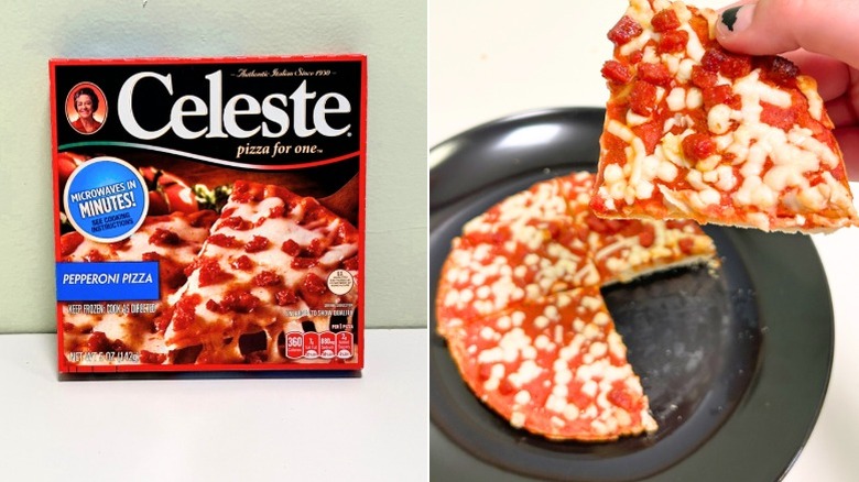 A box of Celeste Pepperoni Pizza next to the cooked pepperoni pizza