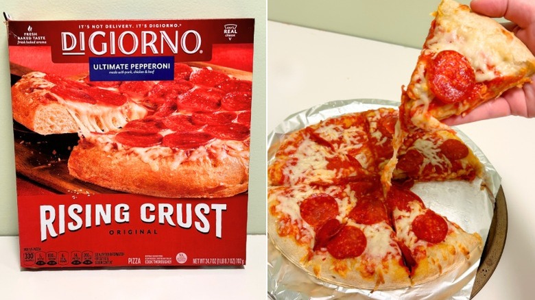 A box of Digiorno Rising Crust Pepperoni Pizza next to a pepperoni pizza