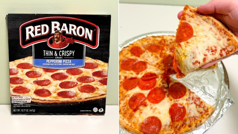A box of Red Baron Thin and Crispy Pepperoni Pizza next to a pepperoni pizza