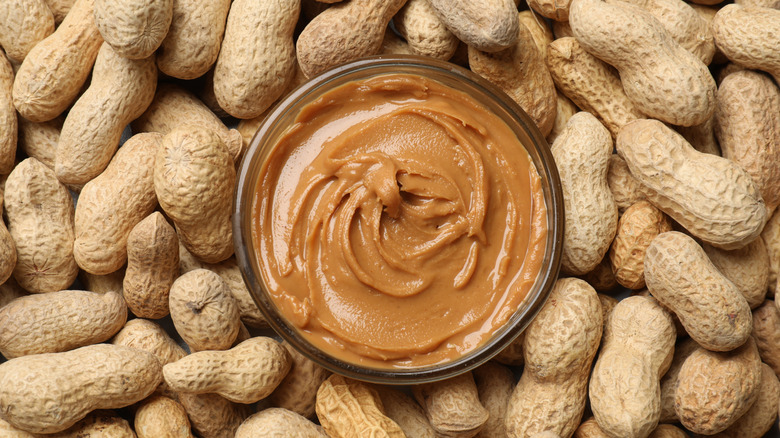 Top-down view of a bowl of peanut butter surrounded by shelled peanuts