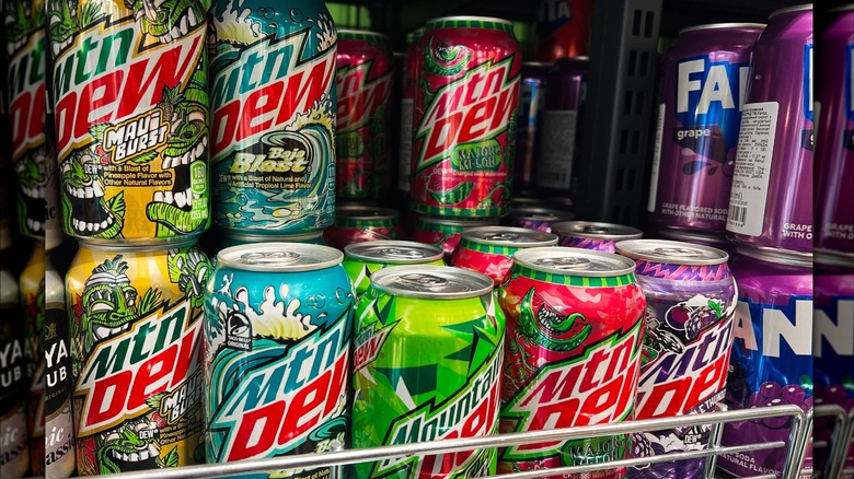 Variety of Mountain Dew cans