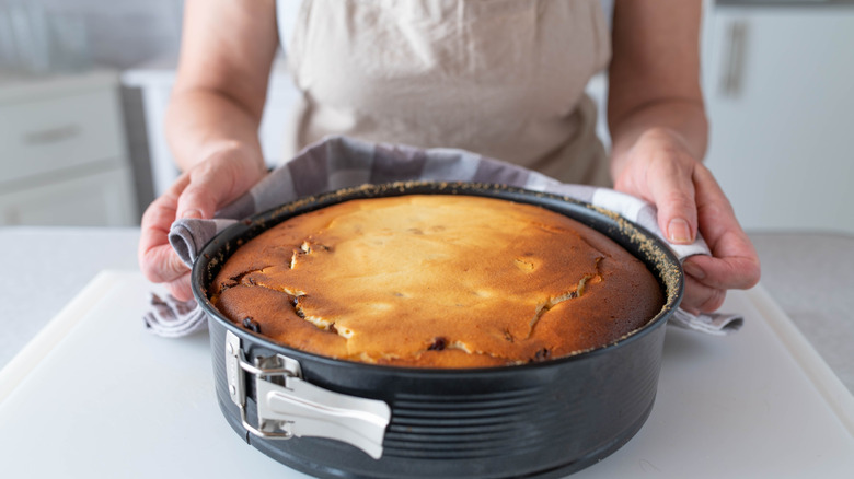 Woman holding cracked cheesecake