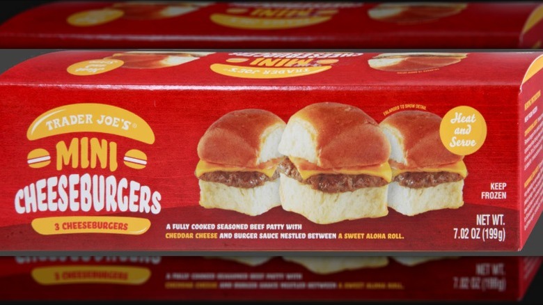 a red box of Trader Joe's mini cheeseburgers.